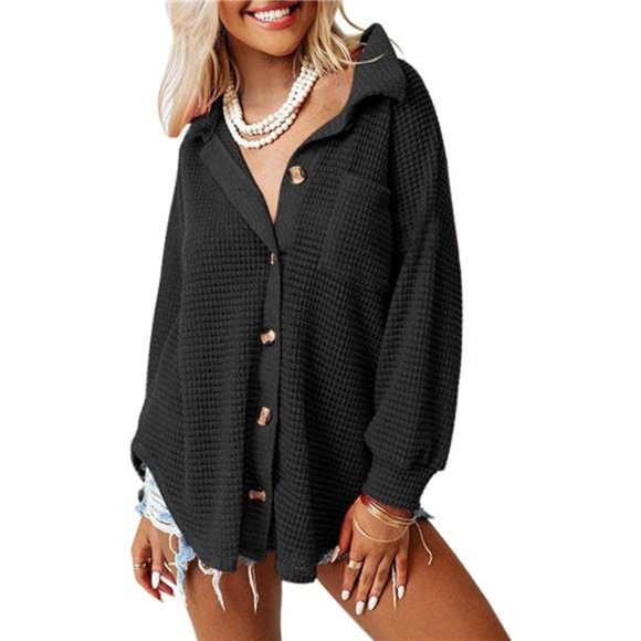 Tops - Womens Waffle Knit Shacket Jacket Long Sleeve Button Down Shirts